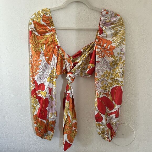 Hello Crop Top Long Sleeve Boho Chic Floral 70s Style Size XS Pillow Sleeves - Picture 5 of 8